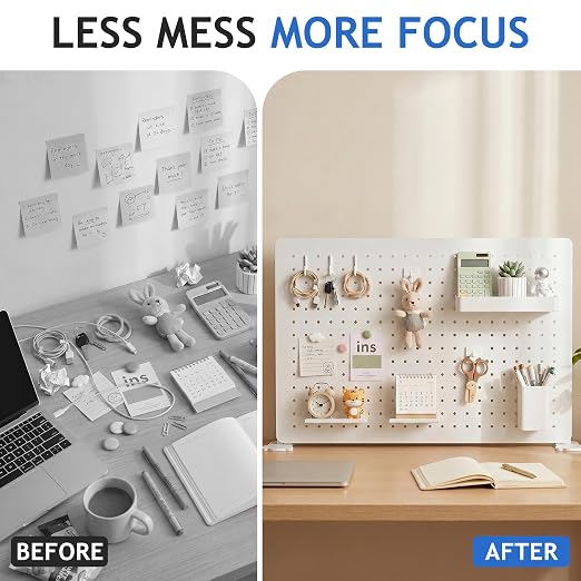 White Metal Pegboard Desk Organizer, 23.62 x 15.75 in with Hooks | Standing or wall-mounted metal panel with hooks, shelves, cup and holders for office, bedroom, craft room and desk storage