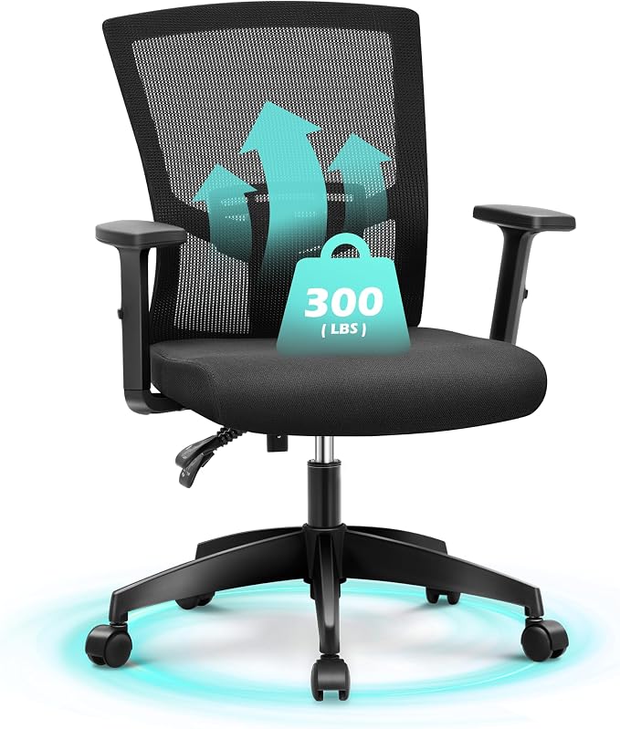 ALPHA HOME Office Chair Ergonomic, Mid Back Mesh Computer Chair, Black | Mid Back Desk Chair with Lumbar Support Executive Stool with Adjustable Armrest & Seat Cushion, BIFMA & SGS Certified