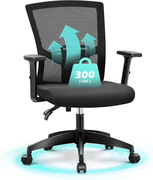 ALPHA HOME Office Chair Ergonomic, Mid Back Mesh Computer Chair, Black | Mid Back Desk Chair with Lumbar Support Executive Stool with Adjustable Armrest & Seat Cushion, BIFMA & SGS Certified