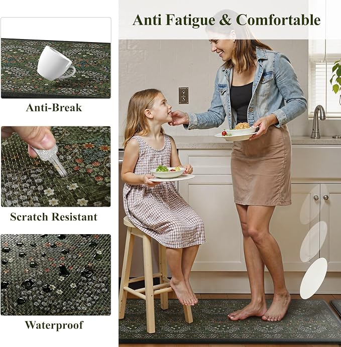 Collive Kitchen Mats for Floor, Cushioned Anti Fatigue Mat Dark Green Floral Rugs 2 Piece Non Skid Waterproof Sink Rug, Memory Foam Comfort Standing Mat for Office, Laundry, Desk