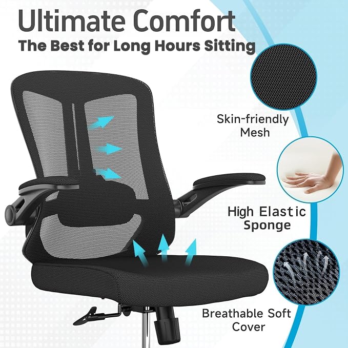 Ergonomic Office Chair - 350LB Comfy Desk Chairs with Lumbar Back Support, Mesh Computer Chairs with Wheels and Arms for Home Office, Study (Black-Without Headrest)
