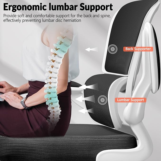 BESTFAIR Ergonomic Mesh Office Chair, Breathable Mesh Computer Desk Chair, Adjustable Lumbar Support, Flip-up Armrests, Executive Swivel Chair for Home Office, White