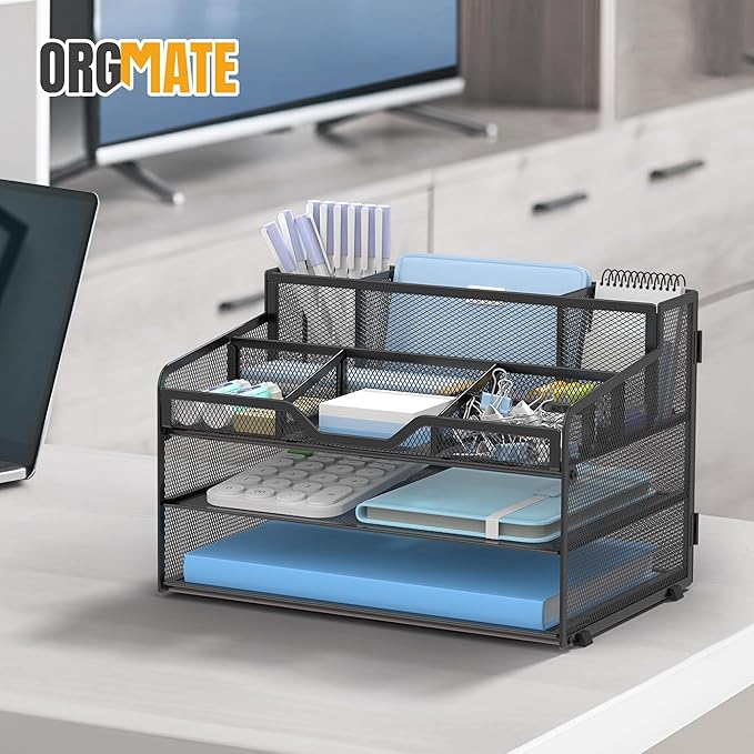 3 Tier Mesh Paper Desk Organizer with Pen Holders, Black | Features 3 pen holders, and 5 adjustable compartments for office school home desk storage