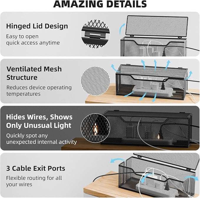 Marbrasse 3 Pack Cable Management Box, Metal Mesh Cord Organizer Box for TV Wires, Electrical Hiding, Power Strip – Under Desk Cable Storage Box with Cable Clips&Reusable Cable Ties for Home/Office