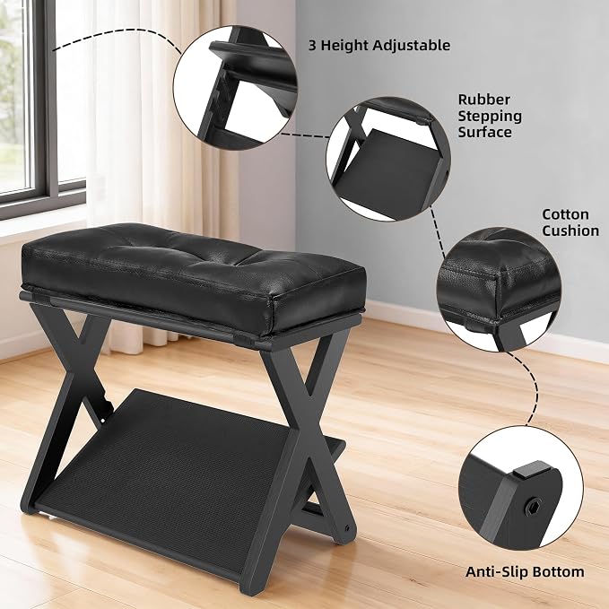 Adjustable Foot Rest Under Desk at Work, Footrest Under Desk | double step, wooden, non-slip EVA surface, office foot stool for posture support, leg relief, home office & gaming-black