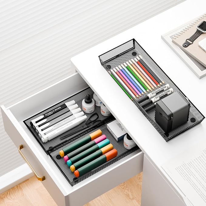 Mesh Tray Silverware Drawer Organizer Utensil Cutlery Tray Office Supplies Organizer for Flatware, Knives,Home,Office, School,Bedroom 15X6'' Black