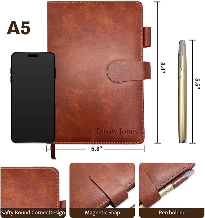 Personalized Notebook with Pen and Gift Box, Custom Text Leather Journal, Gifts for Women Men, Engraved Journals To Write In, Birthday, Best Friend, Mom, Sister, Corporate, Business Gift (Text-Brown)