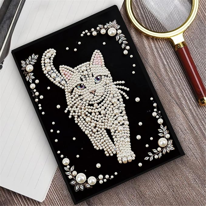 FRANDEK Pearl Painting Notebook Kit, Cute Cat A5 DIY Journal with 50 Blank Pages, Diamond Gem Art Cover with Waterproof Canvas, Beginner Craft Set with Full Tools for Adults