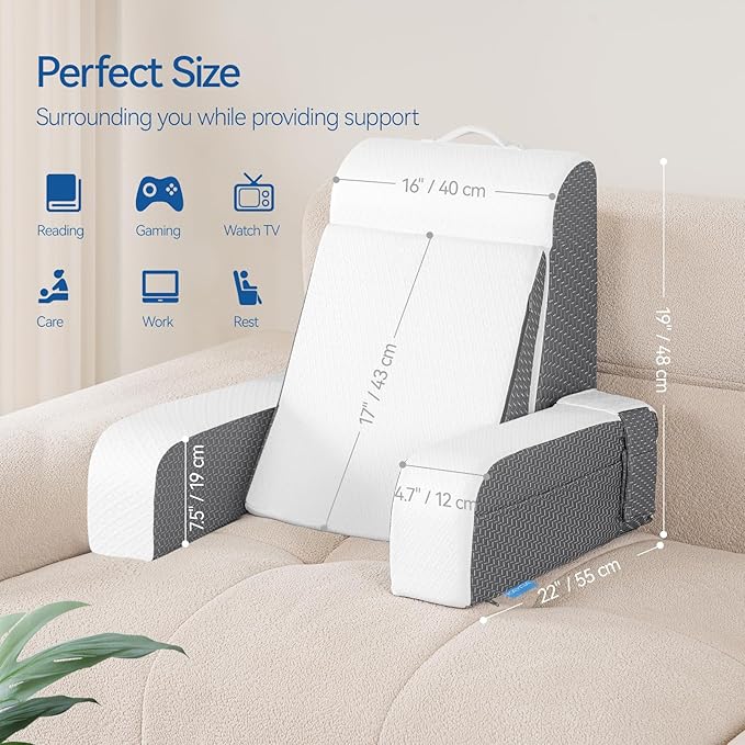Kayfia Reading Pillow, Gel Memory Foam Back Rest Pillow, 19", White | 3 Storage Pockets, Dual-Use Back Leg Support Pillow, Detachable Armrests, Ideal for Reading, Gaming, Working on Bed & Couch