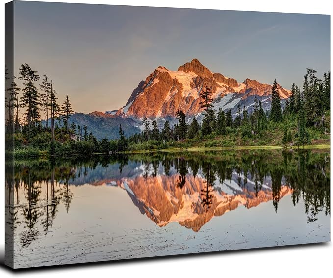 Mt Baker Mountain Wall Art Sunset Forest Landscape Wall Decor Nature Mount Shuksan Picture Canvas Prints National Parks Posters Lake Reflection Painting Artwork for Bedroom Office Decorations 16x24"