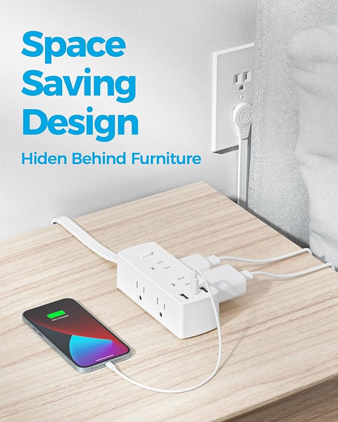 Olcorife Flat Plug Power Strip with 10 FT Extension Cord, 6 Outlets 3 USB Ports(1 USB C), 3 Sided Outlet Extender for Home Office Travel Dorm Room Essentials, White