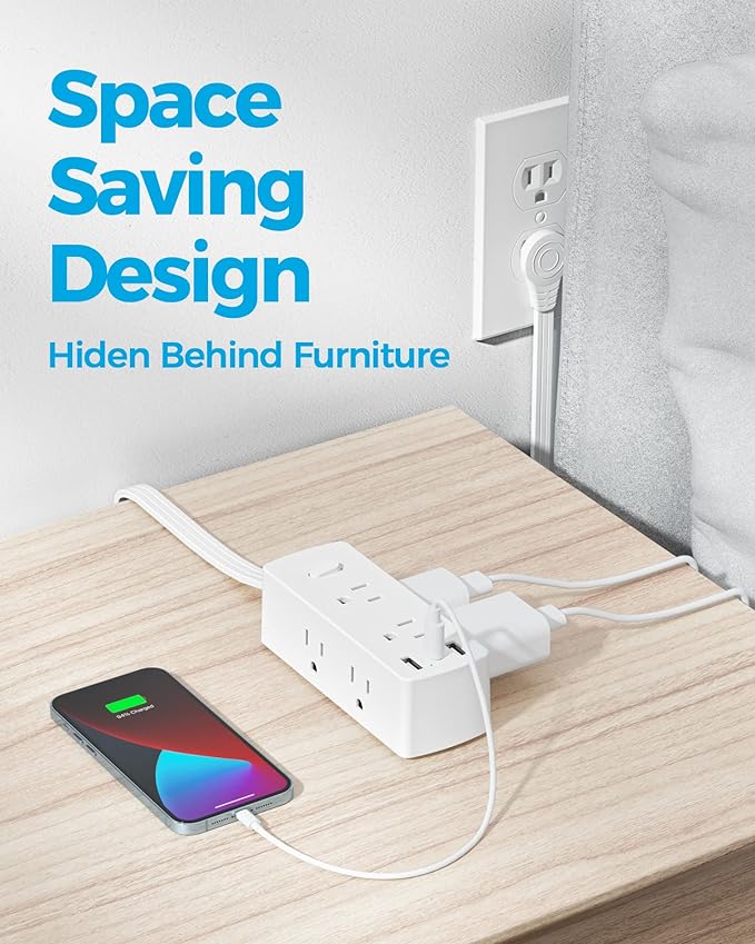 Olcorife Flat Plug Power Strip with 20 FT Extension Cord, 6 Outlets 3 USB Ports(1 USB C), 3 Sided Outlet Extender for Home Office Travel Dorm Room Essentials, White