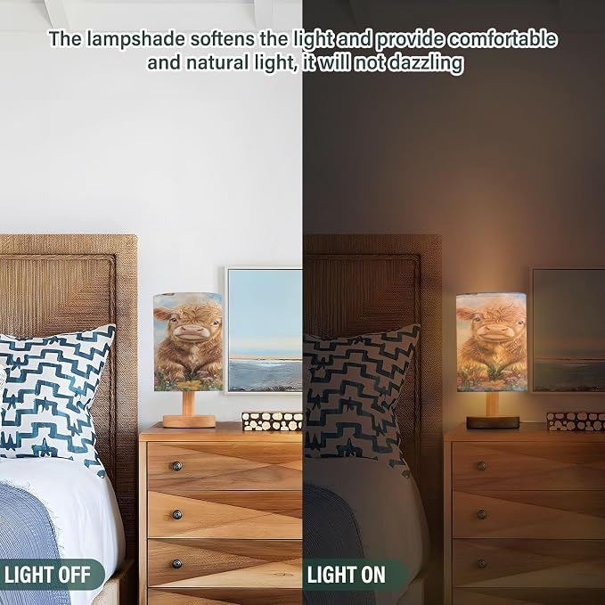 Highland Cow Flowers Table Lamp Bedroom Bedside Night Reading Desk Lamps Cylinder Nightstand Sleeping Light Lamp for Kids Living Room Office Decor