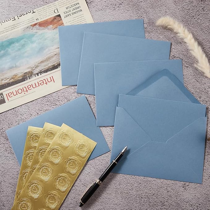 50 Pack Dusty Blue A7 Envelopes with Cards and Gold Stickers, 5x7 | With Thick Folded Cardstock, For Greeting Cards, Wedding, Birthday, Invitations, Baby Showers