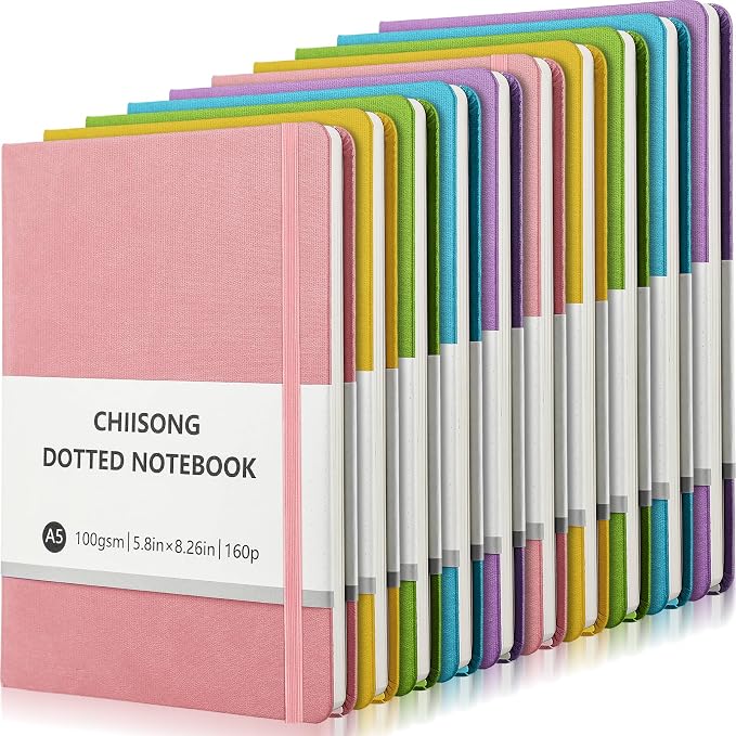 Chiisong 10 Pack Bullet Dotted Journal Notebook Bulk, A5 Dot Grid Notebook with 100 GSM Paper, Leather Hardcover Dotted Journal with 160 Pages for Women Men Writing Journaling Planning, 5.7 x 8.3 Inch