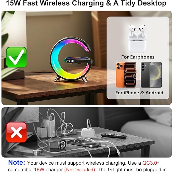 Smart LED Table Lamp, 4-in-1 Wireless Charger, Night Light, Alarm Clock, Bluetooth Speaker with App Control, Bedside Lamp with Charging Station for Bedroom, Office, Home Decor, Teen Girls Boys Gifts