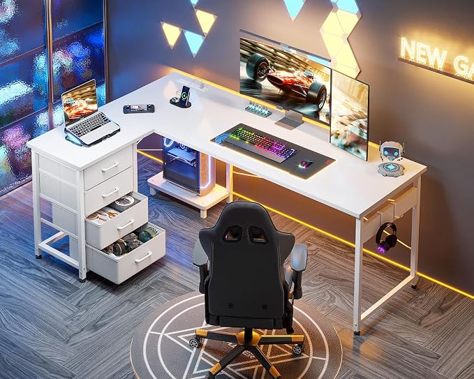 AODK 61" L Shaped Gaming Desk with 4 Drawers and Power Outlets, White | USB Ports, PC Tower Stand, Hooks, Reversible Corner Layout for Gaming Rooms, Bedrooms and Home Office