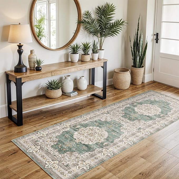 2x5 Washable Hallway Runner Rug:Oriental Indoor Kitchen Rugs Vintage Door Mat Non Slip with Rubber Backing Low Pile Thin Carpet for Bedroom Bathroom Living Room Bedside (2x5 Green/Beige)