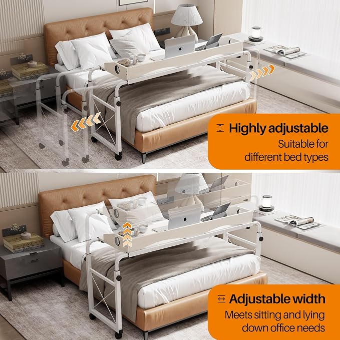 BYMECOST Laptop Desk for Bed, Adjustable Height & Length Laptop Bed Table | Overbed Table with Wheels for Queen Size Beds,Rolling Standing Desk,Over Bed Desk for Working Reading Eating
