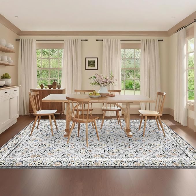 Floral 9x12 Area Rugs for Living Room Bedroom, Soft Washable Rugs 9x12 Stain Resistant, Ultra-Thin Non-Slip Dining Room Rug Non-Shedding Accent Carpet for Office Grey Beige