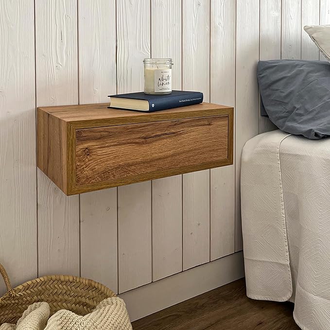 Mobili Fiver, Riccardo Floating nightstand, Rustic Oak, 17.7" x 9.8" x 6.1 ", Melamine-Finished, Modern Bedside Table, End Table, Italian Furniture