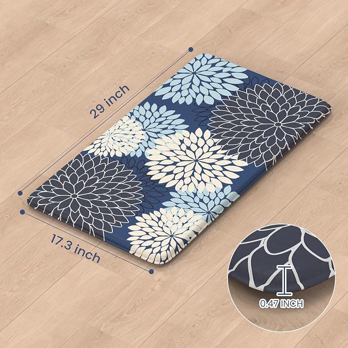 KIMODE Anti Fatigue Kitchen Mat for Floor Cushioned Comfort Standing Mat | 17.3"x29",Dahlia Blue, Kitchen Floor Mats Non Slip Waterproof,Wipe Clean,Farmhouse Mat for Laundry Office Sink Desk