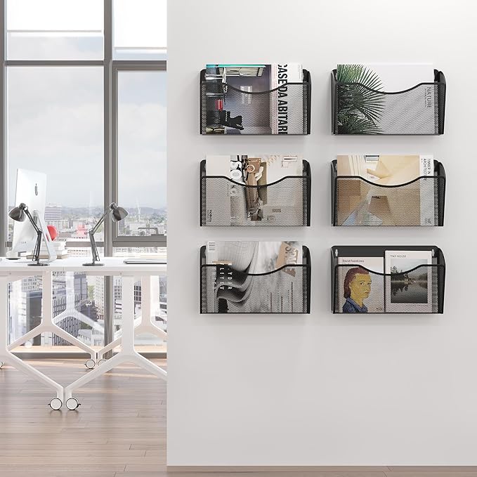 EasyPAG 6 Pack Wall File Organizer, Metal Mesh Hanging File Folder Holder for Letter/A4 Size Folders, Vertical Wall Mount Mail Sorter for Office Paperwork, Classroom, Black
