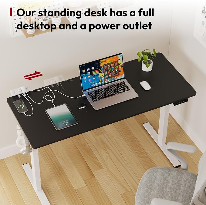 SANODESK Electric Standing Desk with Desk Clamp Power Strip 60"x 24" Whole-Piece Desktop Height Adjustable Stand Up Desk with Cable Management Sit Stand Home Office Desk White Frame/Black Top