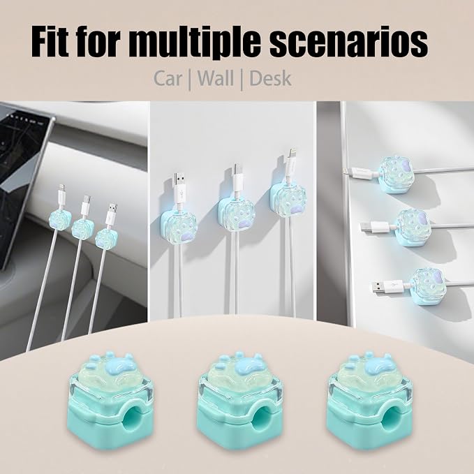 9Pack Magnetic Cable Clips for Nightstand, Adhesive Night-Glowing Cord Holder Organizer for Office Home Desk Wall Car (Blue,Cat)