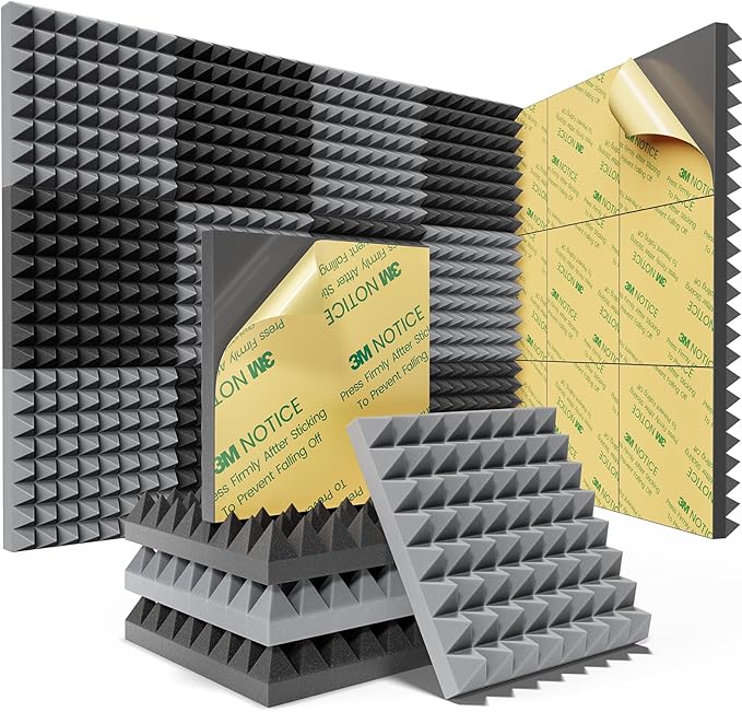 Sonicism Sound Proof Foam Panels for Walls Self-Adhesive 12 Pack Pyramid 2" X 12" X 12" Soundproof Wall Panels High Density Acoustic Panels Foam Fast Expand,Sound Absorption & Decoration,Black/Gray