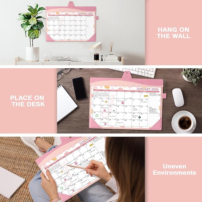 Ospelelf Leather Wall Calendar 2026-2027 with Storage Pocket, 12"x17" Monthly Large Desk Planner Pad with Protective Cover and Sticker for Office School Home, 18 Months January 2026 - June 2027 Pink Floral