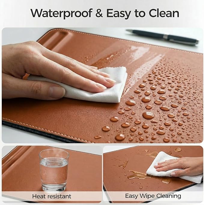 Desk Mat – Double-Sided Vegan Leather & Felt | Built-In Magnetic Cable Organizer & File Storage | Premium Workspace Pad for Office, Gaming & Creative Professionals-（Brown）