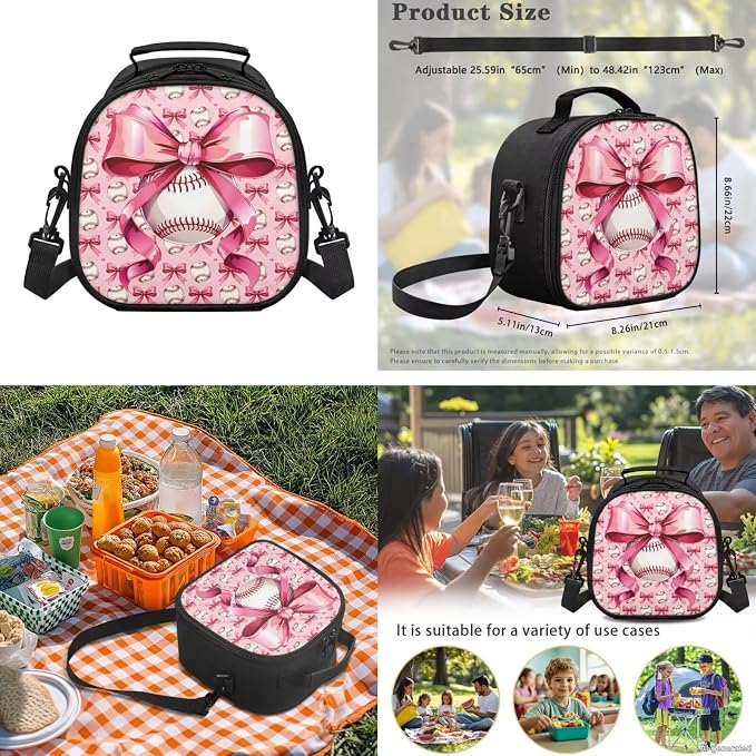 WELLFLYHOM 4 PCS Pink Bow 17 Inch Baseball Backpack for Girls Ages 8-12 | School Set with Insulated Lunch Bag Pencil Case and Water Bottle Sleeve, for Elementary, Junior and Senior School Daily Study