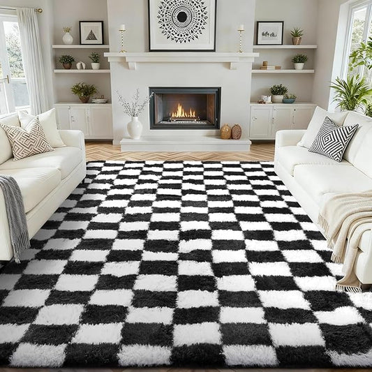 Ophanie Checkered Black & White Rug for Living Room Bedroom,Fluffy Soft Cute Fuzzy Area Rugs,Shag Plush Shaggy Bedside Floor 8x10 Furry Carpet Kids Baby Teen Dorm Decor with Over 99 pcs Pile fibers