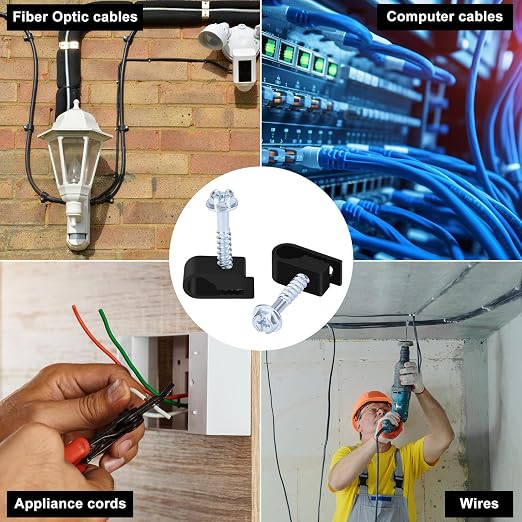 Cable Clips with Screws Fastener 1/4 Inch (6 mm) - All Weather Wire Clips for Coaxial, Ethernet,Electrical Cables,Brick/Stucco Siding Clips, UV-Resistant for Outdoor Wall Mount,50 Pack,Black