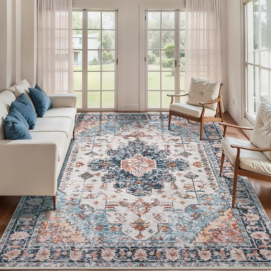 Tangsoo 4x6 Area Rug for Living Room, Washable Vintage Indoor, Distressed Blue/Beige Carpet for Bedroom, Non Slip Dining Room, Soft Low Pile Rugs Foldable for Dorm Bedside Bathroom