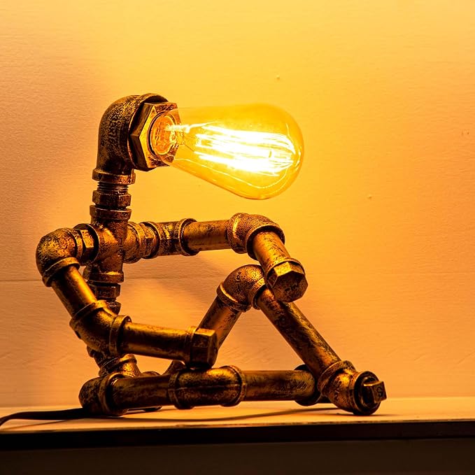 Steampunk Table Lamp, Vintage Industrial Metal Robot Table lamp, Water Pipe Table Lamp, Steam Punk Pipe Lamp Style Desktop Light for Bar Cafe Desktop Room Decoration