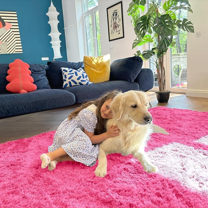 OLANLY 2x6 Machine Washable Runner Rugs for Hallway, Soft Fluffy Shaggy Bedside Rugs for Bedroom, Living Room, Indoor Floor Carpet for Kids Girls Boys, Nursery Rooms, Home Decor Aesthetic, Hot Pink