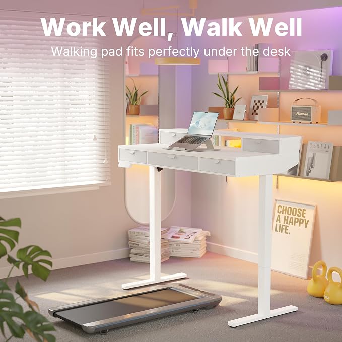 HUANUO 40 X 24 inch Electric Standing Desk with 4 Drawers, Adjustable Height Sit Stand Home Office Desk, C-Clamp Mount Compatible, Ergonomic Stand up Desk with 4 Preset Heights, White