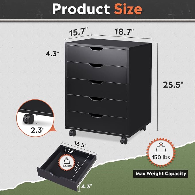 DEVAISE 5-Drawer Filing Cabinet, Under Desk file Cabinet, Black | Wood, Office Storage Cabinet, Printer Stand with Wheels, Drawer Chest, Home Office