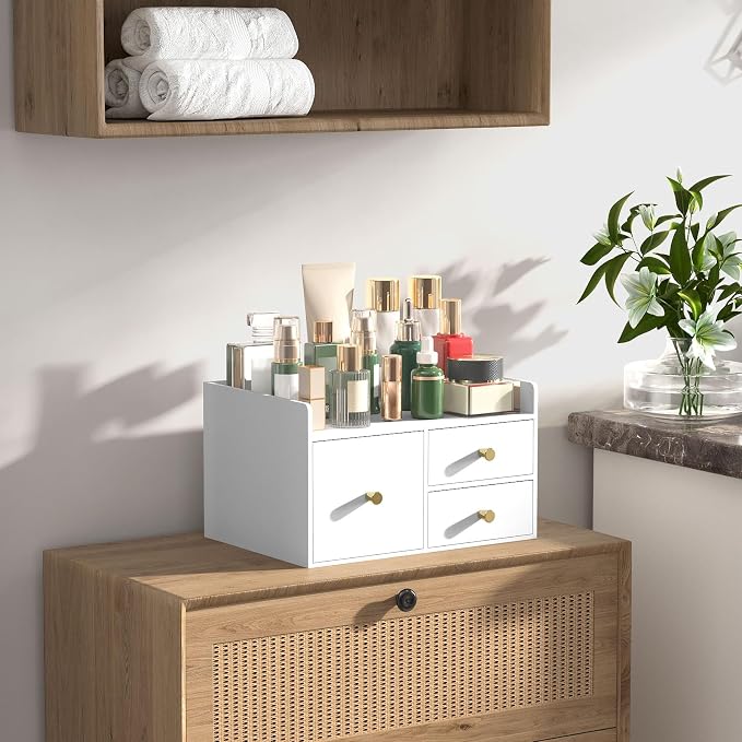 Bamboo Desk Organizer with Drawers,Wooden Desktop Storage (3 Drawer,White) | 100% Bamboo 3 Pull-Out Drawers No Assembly Required Space-Saving Design