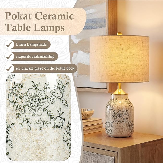 Tellingyou 1 Pcs 21" Farmhouse Green Ceramic Lamp with Beige Linen Shade Vintage Table Lamp Ice Cracked Chrysanthemum Floral for Bedroom Living Room Office Dorm Desk Table Rocker, Bulbs Not Included