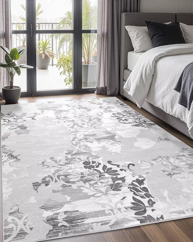 Macgace Washable Abstract Rug, 5x7 Classic Grey and White Floral Area Rugs with Non-Slip Rubber Backed for Bedroom, Low Pile Modern Throw Carpet Kitchen Living Room Decor