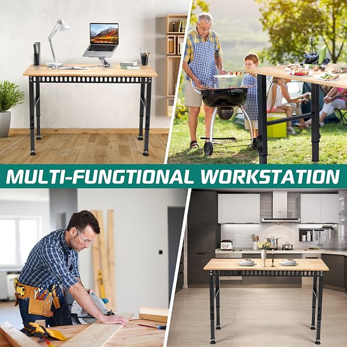 OLBRUS 48 "Adjustable Workbench, Heavy Duty 2000 LBS Load Capacity Hardwood Workbench Suitable for Workshop, Office, Garage, Home (Rubber Pad丨No Power Outlets 48"x24")
