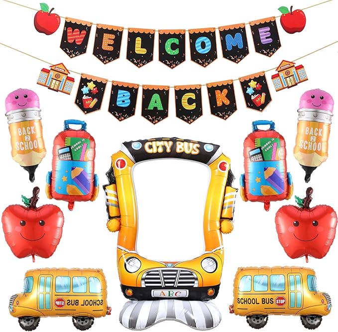 Back To School Balloons Set, Pencil Apples Schoolbag Selfie Standing School Bus Mylar Balloons, Welcome Back Banner, First Day of School Balloon Decorations for Kindergarten Classroom School Supplies
