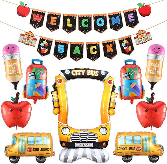 Back To School Balloons Set, Pencil Apples Schoolbag Selfie Standing School Bus Mylar Balloons, Welcome Back Banner, First Day of School Balloon Decorations for Kindergarten Classroom School Supplies