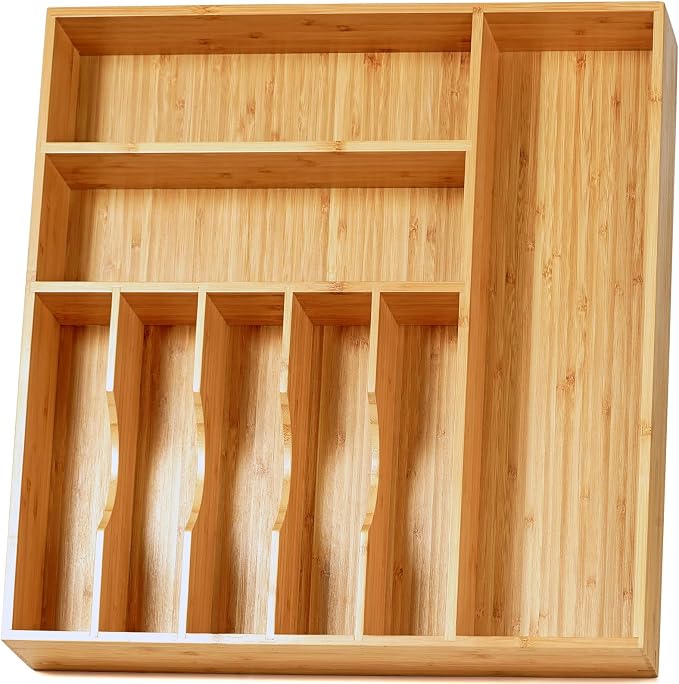 Large Kitchen Drawer Organizer, 19"x20" Silverware Utensils Organizer, 2.5" High for Large Deep Drawers, Bamboo Flatware Holder with Thick Frames, Sturdy Kitchen Organization Tray