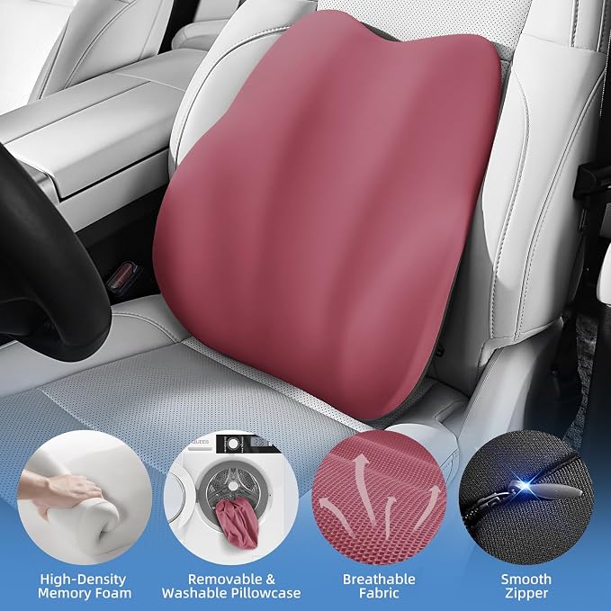BEBAS Lumbar Support Pillow for Car, Memory Foam Back Cushion for Driving, Ergonomic Lumbar Pillow for Pain Relief, Comfort Lower Back Support for Office Chairs, Car Seat, Wheelchair -Red