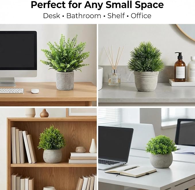 AUUGUU Small Artificial Potted Plants for Desk Decor, Mini Fake Plants for Bathroom, Office Desk Decor, Shelf Home Decor, Realistic Faux Greenery Indoor