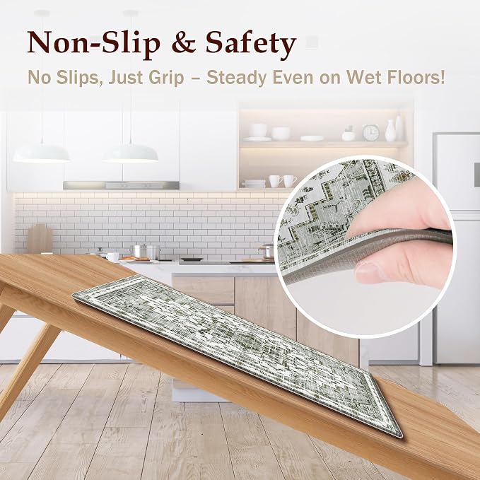 Boho Kitchen Mats for Floor 2 Piece Set Anti Fatigue Cushioned PVC Kitchen Rugs Non Slip Waterproof Farmhouse Mats 2/5 Inch Comfort Standing Mat for Laundry, 17.3"x59"+17.3"x28", Grey